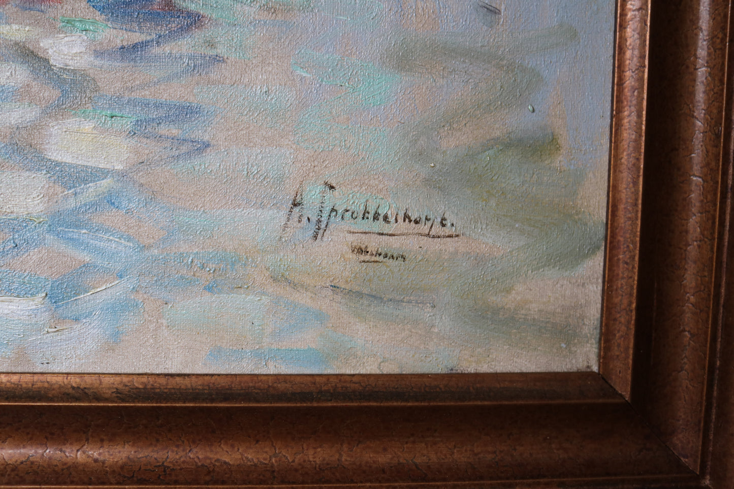 Albert Klein Sprokkelhorst (1887-1968) schilderij Bootjes in de Volendamse haven